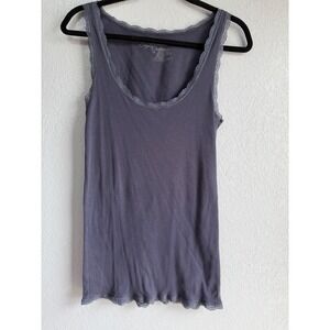 American Eagle Outfitters Gray Ribbed Lace Trim Tank Top Women L Large Logo